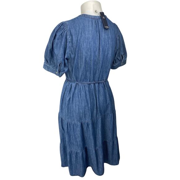 NEW M&S Marks & Spencer Blue Short Sleeve Denim Jean Chambray Midi Dress Size 14 - Picture 2 of 5